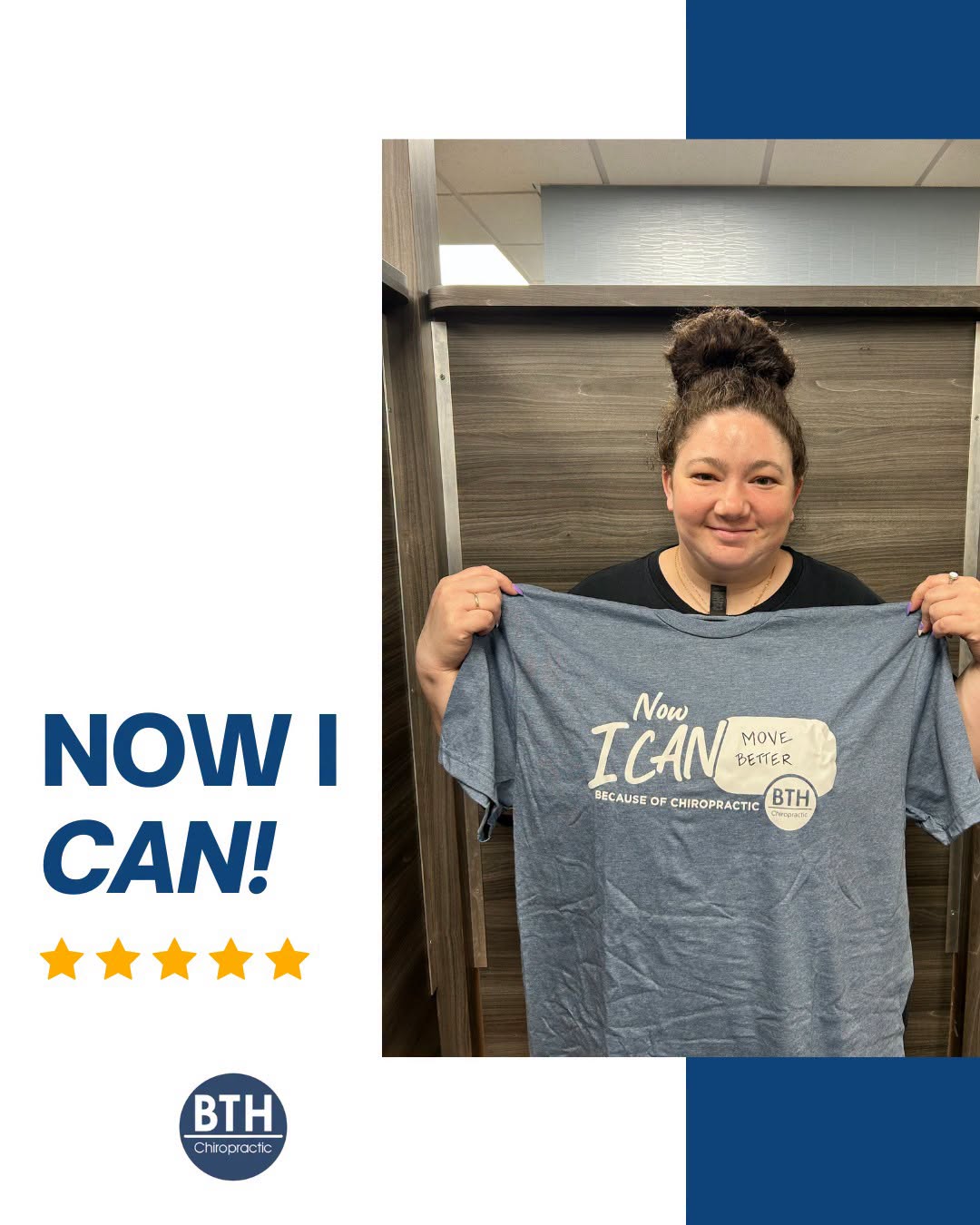 Back To Health patient holding a Now I Can 'move better' shirt
