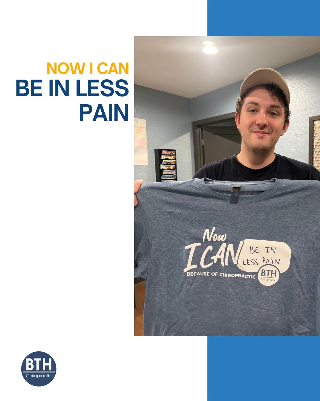 Back To Health patient holding a Now I Can 'be in less pain' shirt