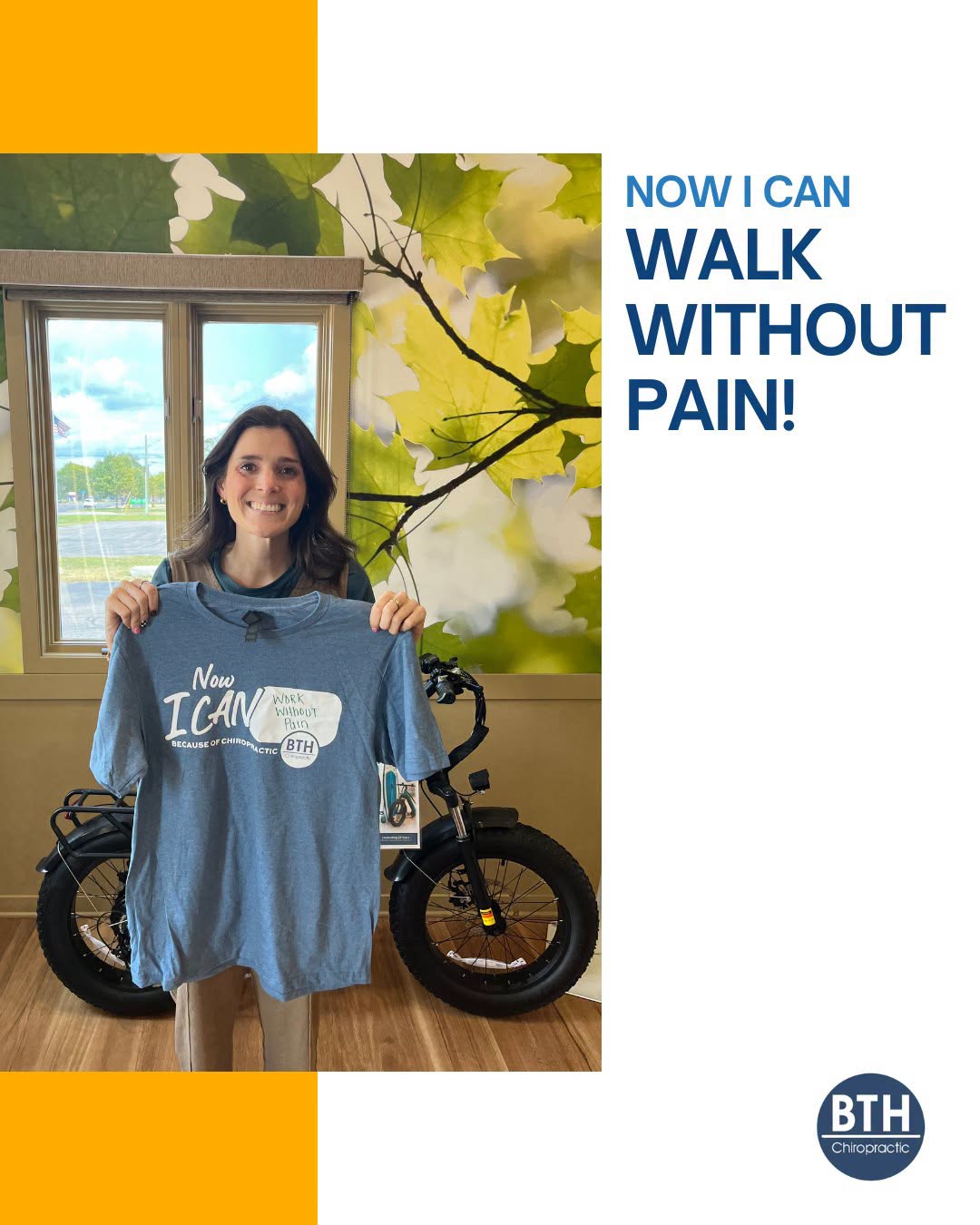 Back To Health patient holding a Now I Can 'walk without pain' shirt