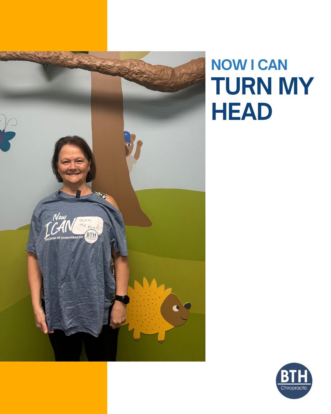 Back To Health patient wearing a Now I Can 'turn my head' shirt